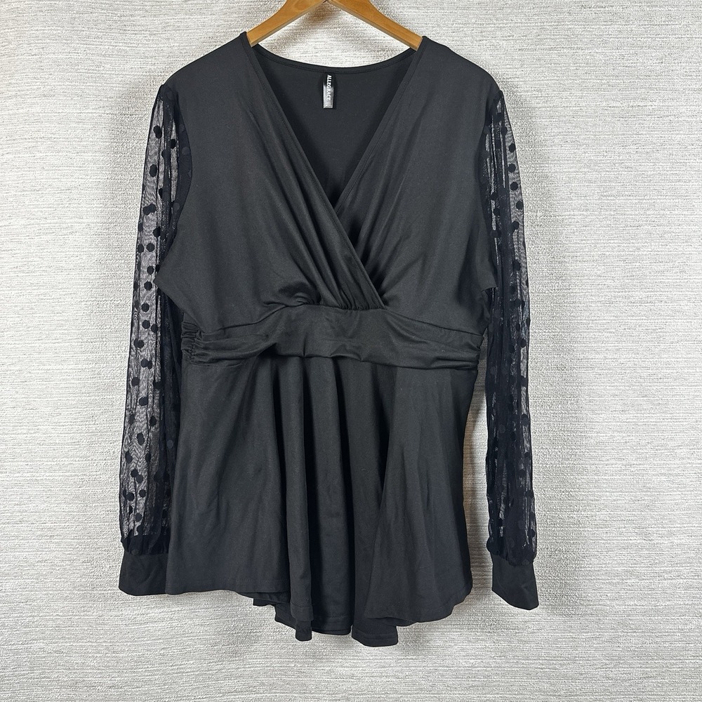 Allegra K 1X Black Babydoll‎ Top Sheer Polka Dot Mesh Sleeve Empire Waist Blouse